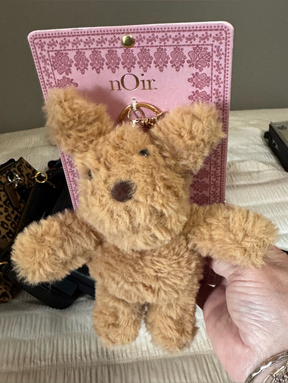 nOir Jewelry Plush Tan Bear Keychain with Gold Ring